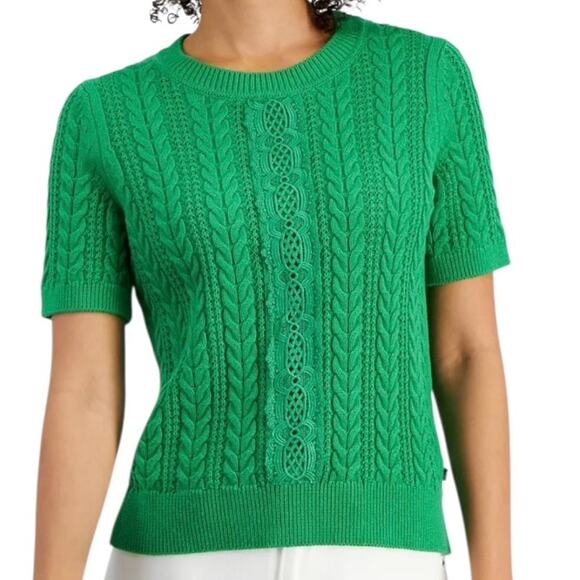 Nautica Jeans Women’s Cable Knit Lace Inset Short Sleeve Sweater Green Size S - Picture 1 of 1